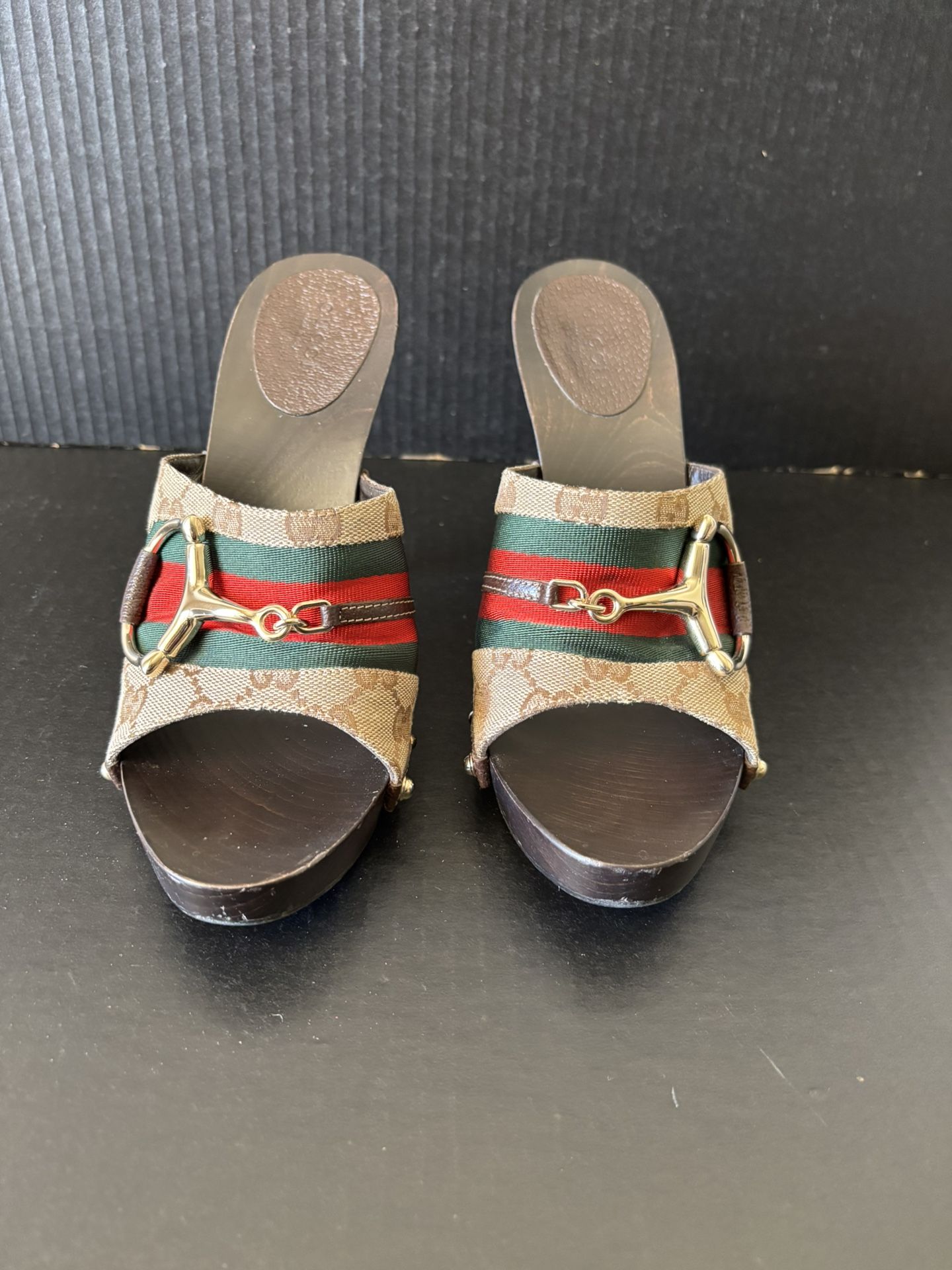 Authentic Gucci GG Monogram Canvas Horsebit Wood Platform Mules