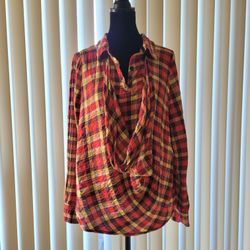 Vintage Red Gold Plaid Rustic 100% Cotton Shirt