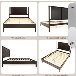 Bme Ethan Queen Bed Frame with Diamond Headboard, Mid-Century Modern, Solid Acacia Wood, No Box Spri
