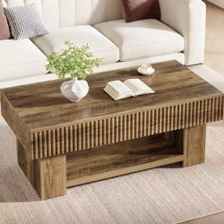 New assembled Farmhouse Coffee Table with Storage, 47-Inch Rustic Wood Center Table for Living Room, Large Rectangle Design with Fluted Panel & Open S