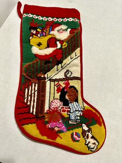 Vintage Bucilla Needlepoint Christmas Stocking Excellent Condition 