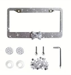 2pc Silver Bow Gem License Plate Frames 