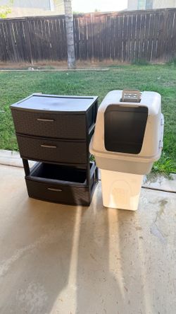 Enclosed litter box and food storage with wheels