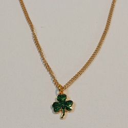 Gold Plated Glittery Green Enamel Clover Charm Necklace