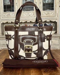Rare Coach 7551 Tonal Cotton Canvas Mahogany Leather Bag