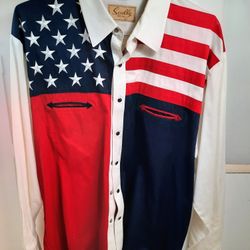 Scully Men's Patriotic American Flag Colorblock Long Sleeve Western Shirt Blue   XL