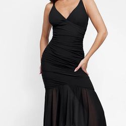 Popilush Corset Dress Built in Shapewear Bodycon Cocktail Dresses for Women Wedding Guest Deep V Neck Mesh Ruched Maxi Dress