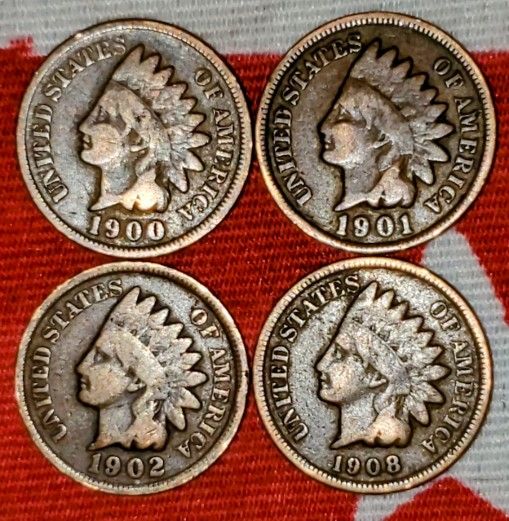 Indian Head One Cent Lot  Of 4. Excellent Condition Plus Free 