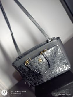 Tommy Hilfiger Antonella Monogram Satchel Black Gold Chain Bag  WITH STRAP