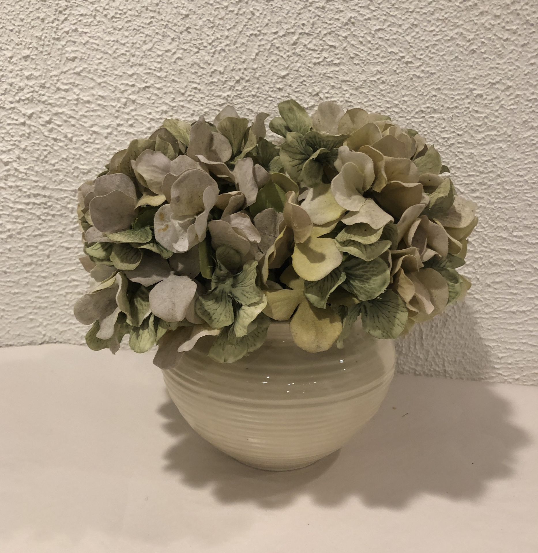 Hydrangea Silk Floral Arrangement Ivory And Green In A Beautiful Ceramic Vase 10” Tall Total