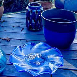 Blue Garden Items, Glass, Ceramic And Plastic