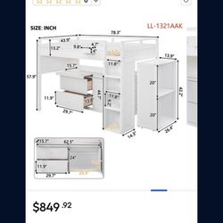 Twin Size Loft Bed with Rolling Cabinet, Desk, Drawers and Bed Side Storage Excellent Condition
