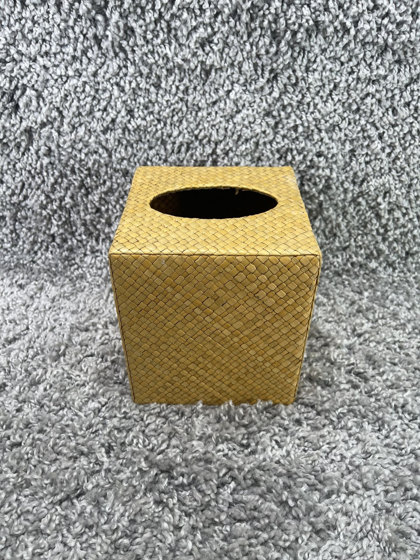 Rattan Tissue Box Cover Holder Square Wicker Design Coastal Island Design Yellow