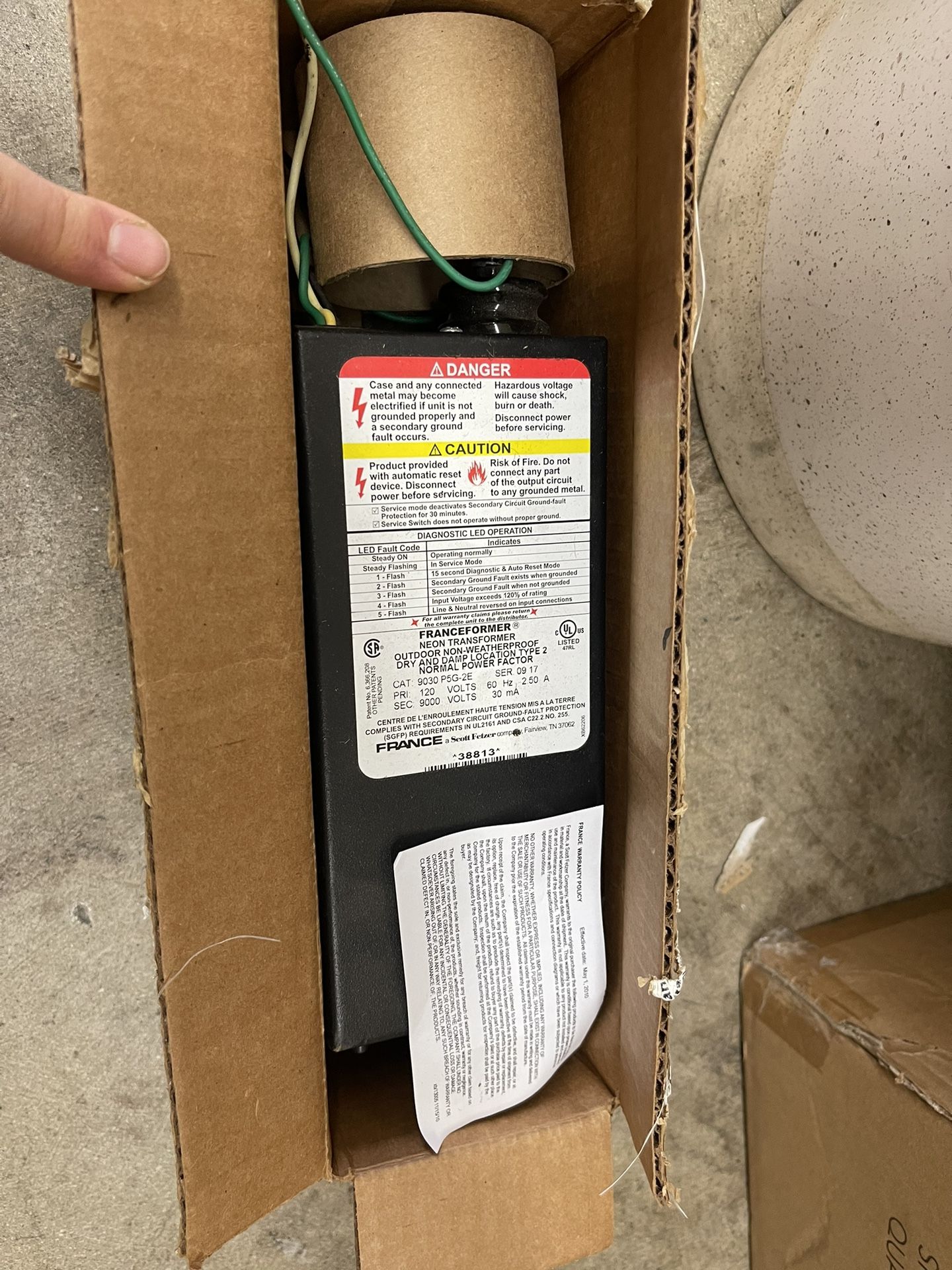 France 9030 P5G-2E 9,000 Volt - 30 mA - 120 Volt Input - Neon Transformer