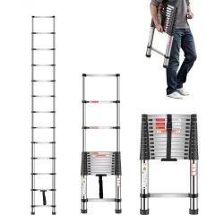453#Telescoping Ladder, 12.5ft Stainless Steel Lightweight Extension Ladder, Multi-Button Retraction Collapsible Ladders, 330LBS Capacity & Non-Slip F