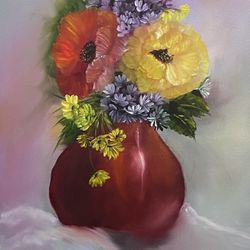 Red Vase With Poppies Lilacs And Wild Flowers