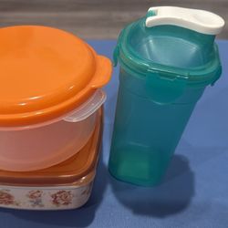 Set of Food Containers, Includes various sizes with colorful lids.