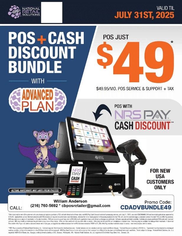 POS System * Cash Discount Cc Processing* Advance Software