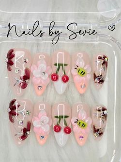 Acrylic Handmade Press-On Nails Floral Cherry Design