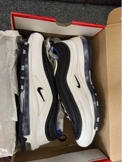 Nike Air Max 97 Persian Violet sneakers in a white and black colorway.