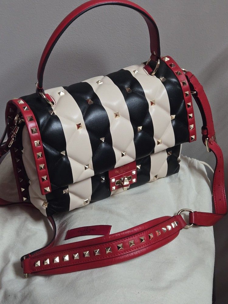Valentino Rockstud Romanstud Black White Red Bag Handbag Purse Size Medium