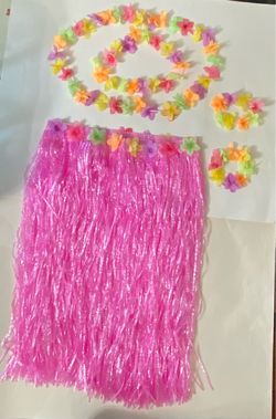 Pink Hula Skirt Set with Flower Crown, Necklace & Bracelets