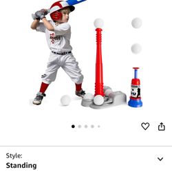 2 in 1 T Ball Set - Adjustable Height, Tee Ball Set with Automatic Pitching Machine/6 Balls/Baseball Bat, Toddler Baseball Toy for Outdoor Play, Sport