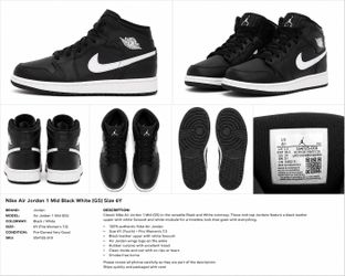 Nike Air Jordan 1 Mid Black White GS Size 6Y Youth Sneakers