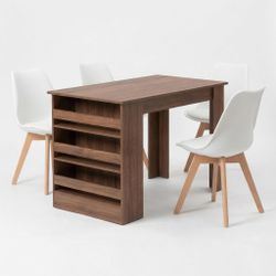 ELROY 5PC Dining Set Brown Table 43.3" with 4PC Frankfurt White Dining Chairs