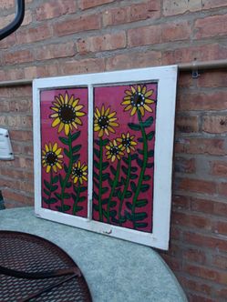 Hand Painted Sunflower vintage window Wooden frame w vibrant pink