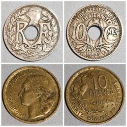 1951 French 10 Francs Guiraud Coin And 1921 France 10 Centimes Coin - French Ten
