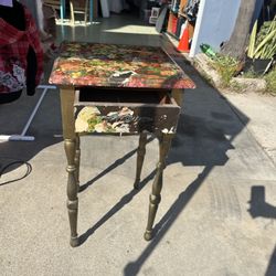 Vintage Hand-Painted Floral Decoupage Side Table with Single Drawer