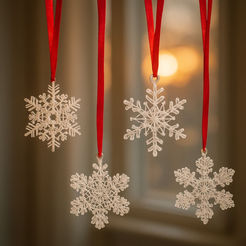 Franklin Mint 1980s 4 Snowflake Laser-Cut Lucite Acrylic Ornaments, 4.5” NIB