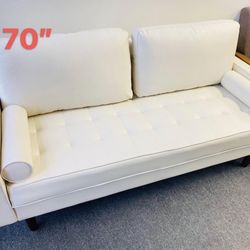 White Modern Tufted Faux Leather Sofa - Mid Century Style - Like New - FREE DELIVERY