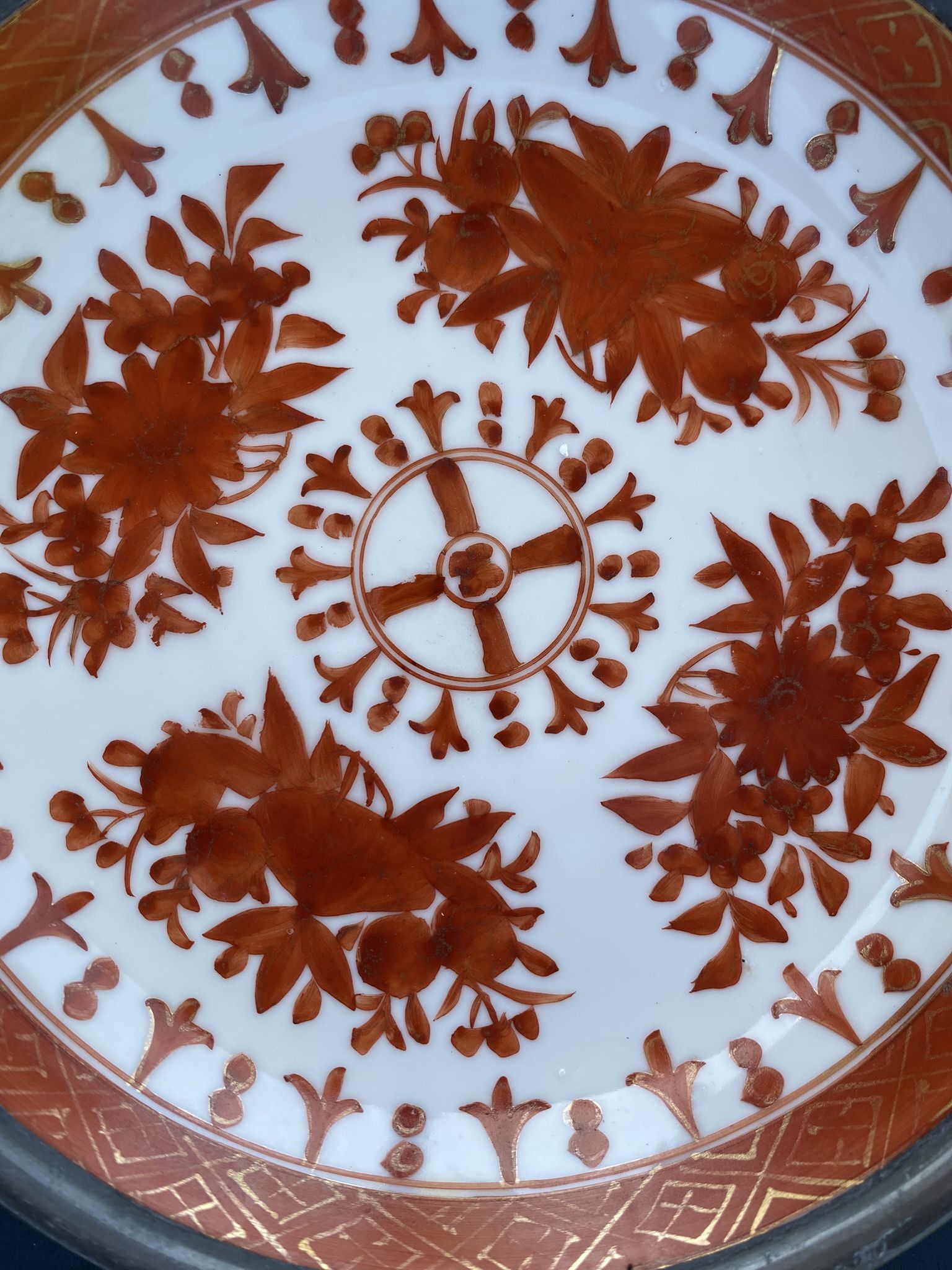 Wonderful Vintage Japanese Porcelain Ware Pewter Encased Porcelain Bowl ACF - HEAVY  Approx 7.75” diameter  x 1.75” tal  Decorated in Hong Kong ACF