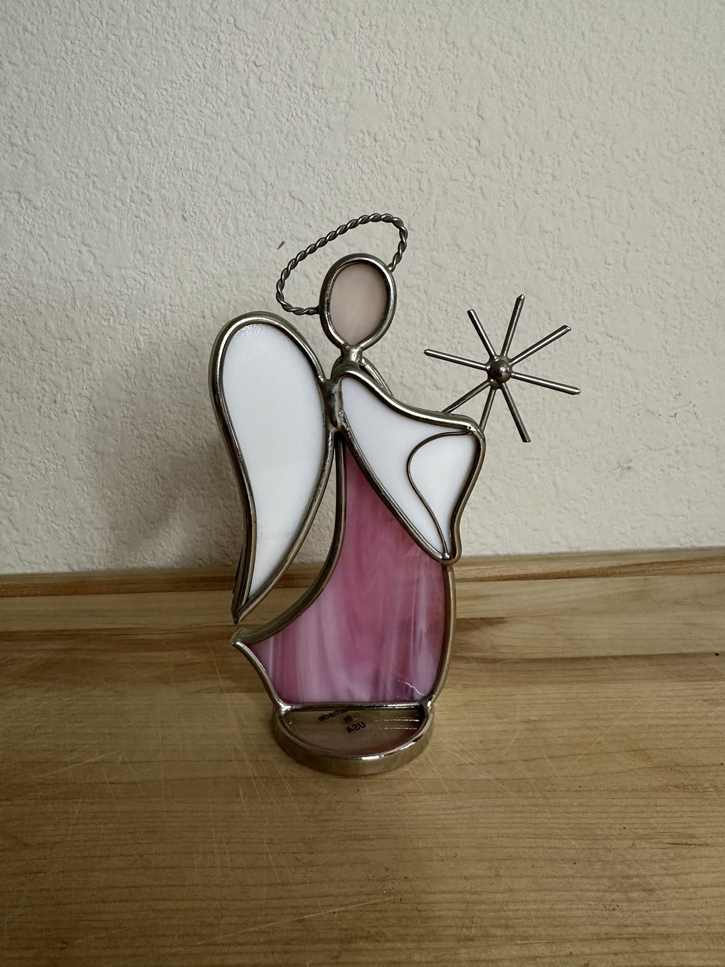 Vintage Stained Glass Angel Figurine Holding Star Pink Glass Handmade USA