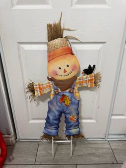 Blue Overalls Scarecrow Metal Garden Stake