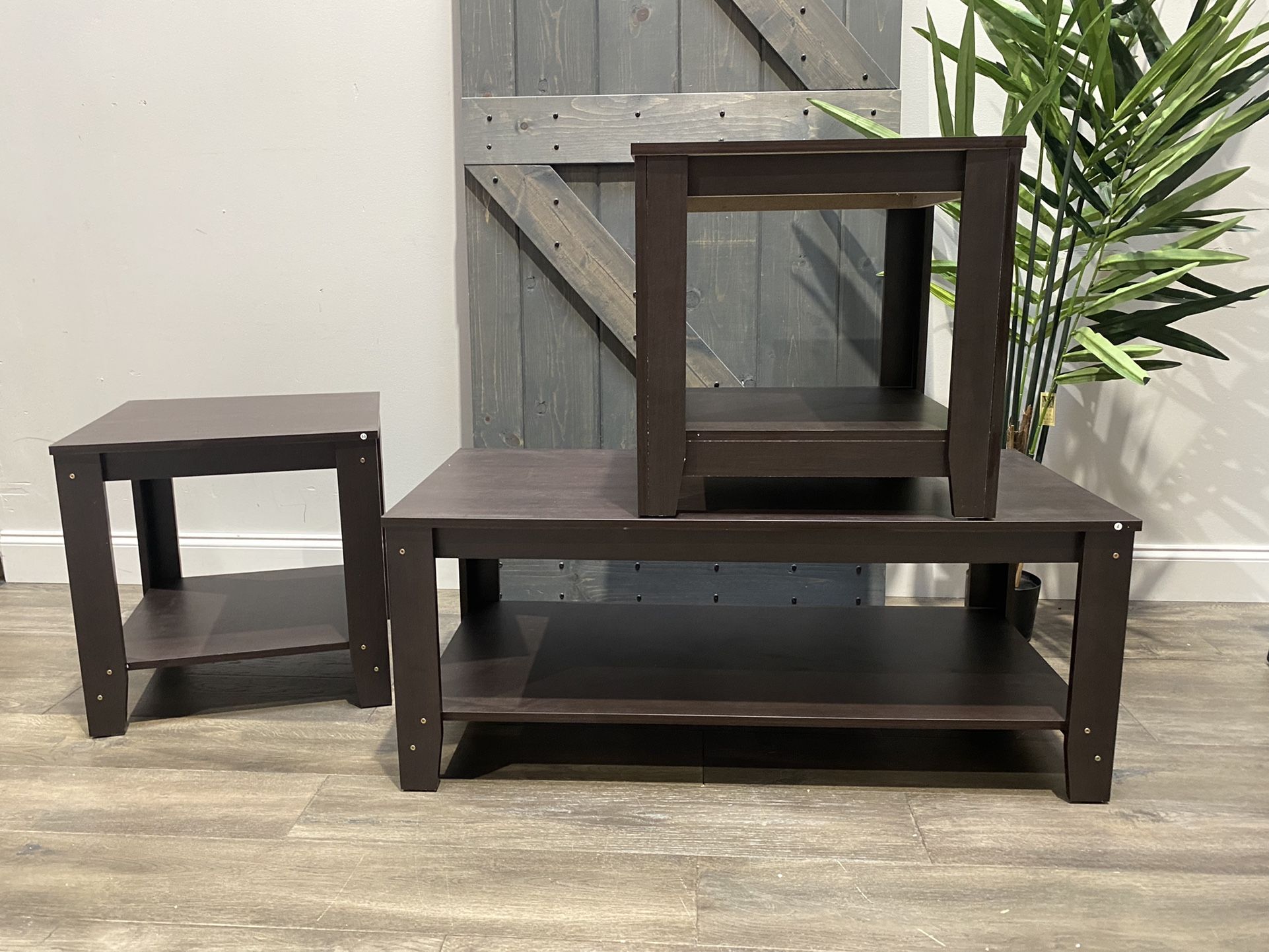 Streator 3 Piece Coffee Table Set. Newly assembled with slight wear: 16” x 42” x 20.5 and 20” x 20” x 20”. Solid + manufactured wood. MSRP $246. Our p