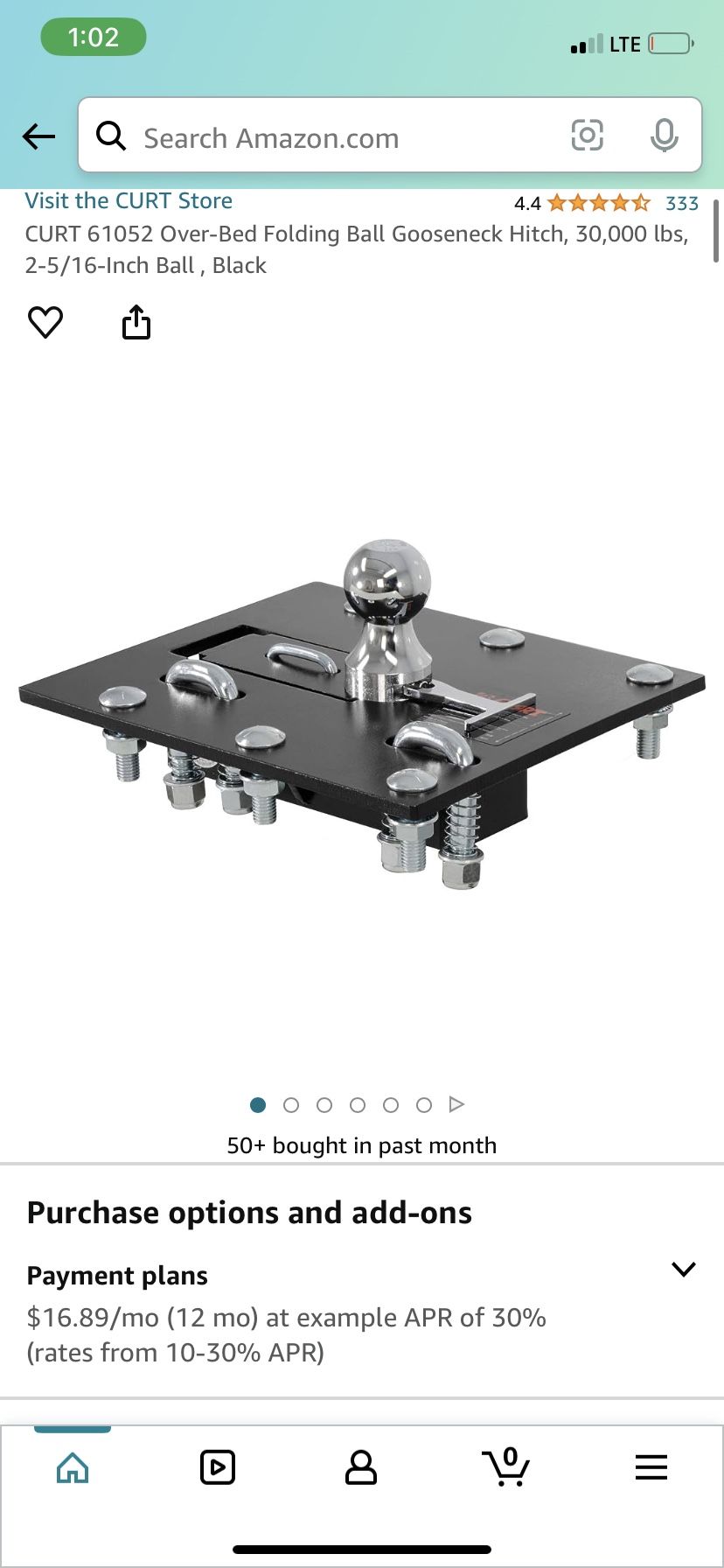 CURT 61052 Over-Bed Folding Ball Gooseneck Hitch, 30,000 lbs, 2-5/16-Inch Ball , Black