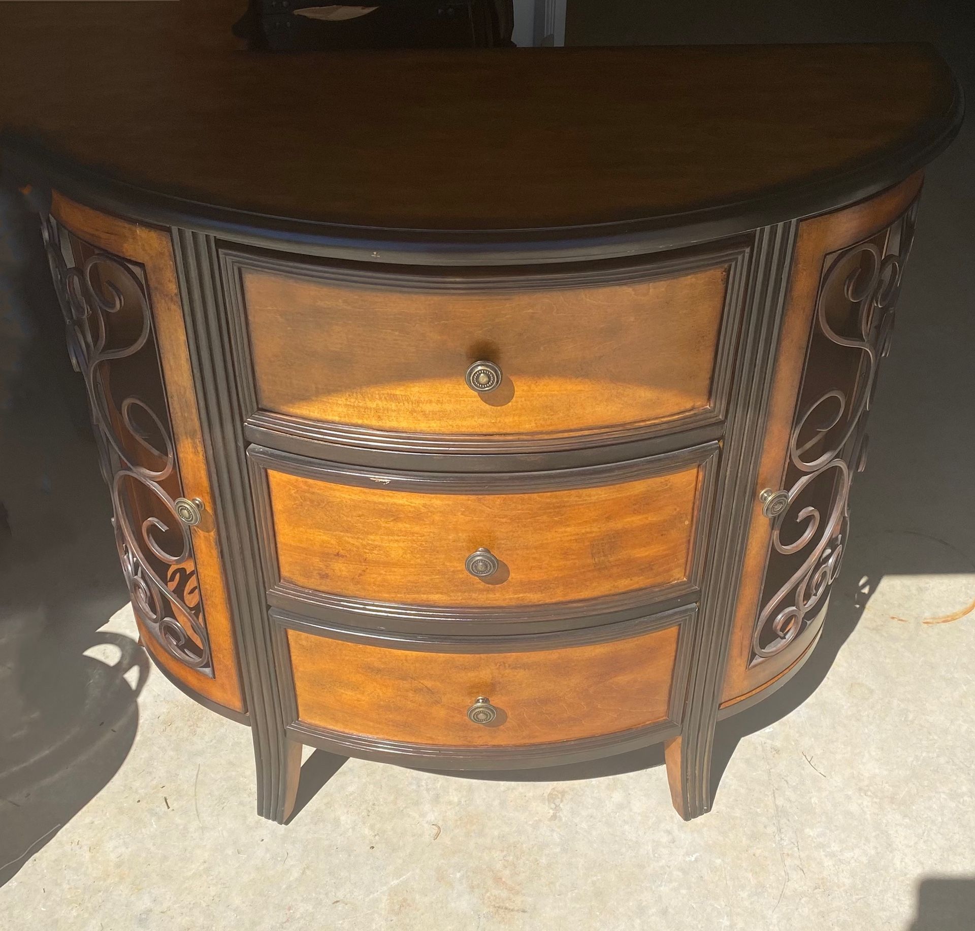 Console Half Moon Table With 3 Pullout Drawers & 2 Cabinets!