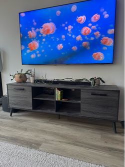 TV stand console with shelves grey wood