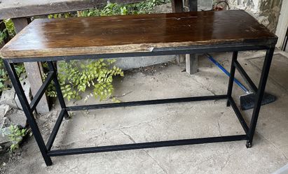 Table- Black Metal Base - Wood Top - 50" x 18" x 30 high Just Needs A Little DIY Or New Top