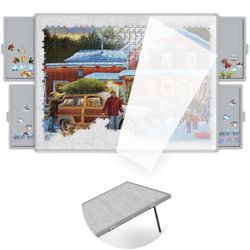 Puzzle Board 1500 Pieces,Jigsaw Puzzle Board with Adjustable Tilting Pole,Felt Surface and Cover,Grey Tilting Puzzle Board with Drawers