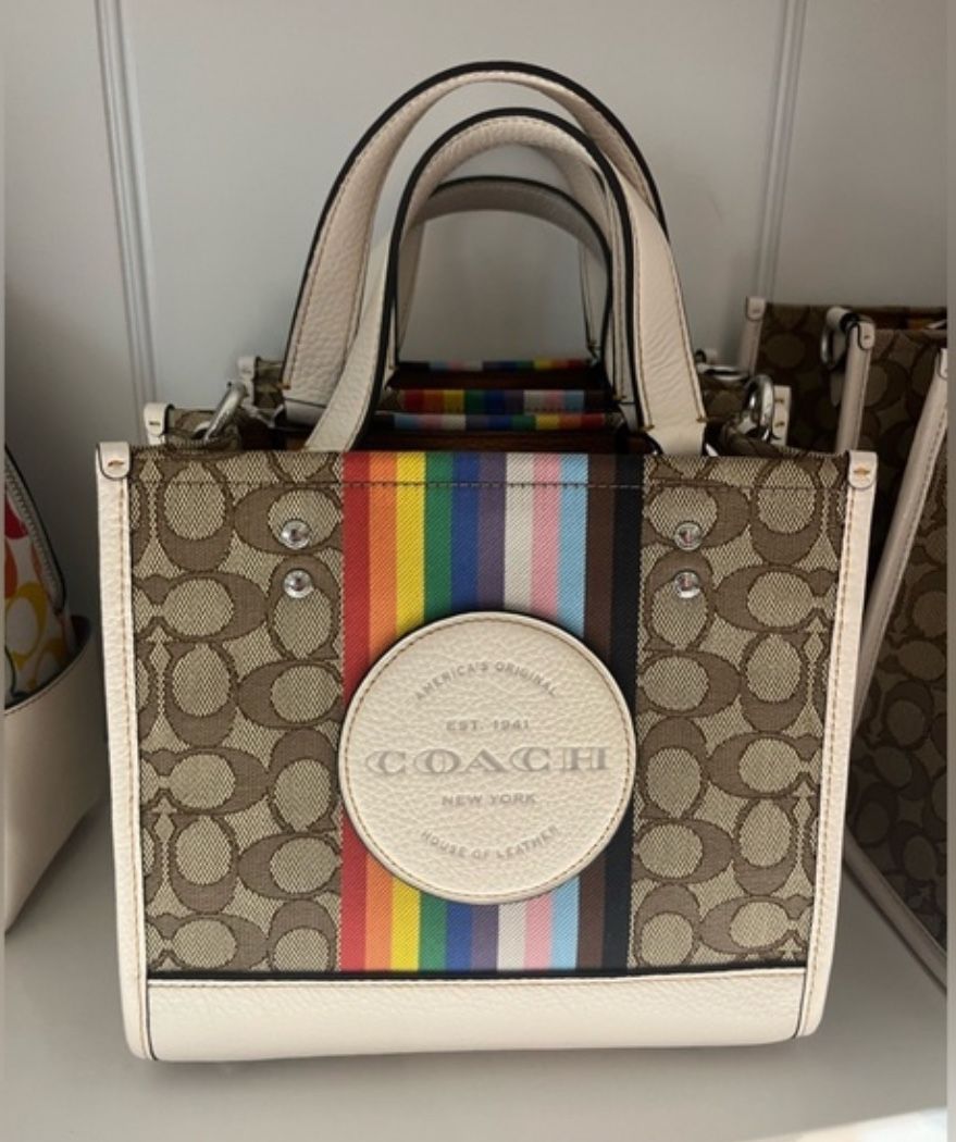 Coach Outlet Dempsey Tote 22 In Signature Jacquard With Rainbow Stripe