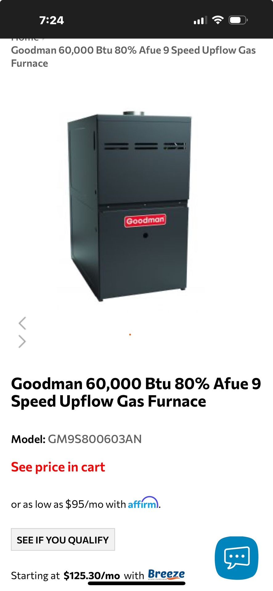 New open box never used 80%  60k BTU Goodman Furnace