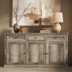 Rustic Farmhouse Beige Wood 65 in. Sideboard Buffet with 3 Doors Drawers, Rivet Storage Cabinet for Kitchen Dining Room