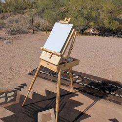 Portable Artist French Easel Box With Wooden Color Palette And A Couple Blank Canvases $80