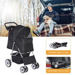 Foldable Pet Stroller for Cats and Dogs 3 Wheels Carrier Strolling Cart with Weather Cover, Storage Basket + Cup Holder