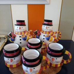 6 Piece Frosty The Snowman Hot Chocolate Ceramic Mugs Pitchers