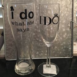 His and hers "I do" "I do what she says" wedding glass